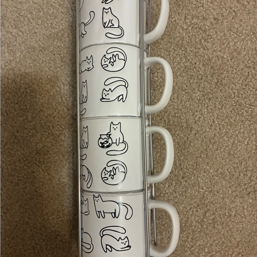 Set of White Cat Illustration Mugs